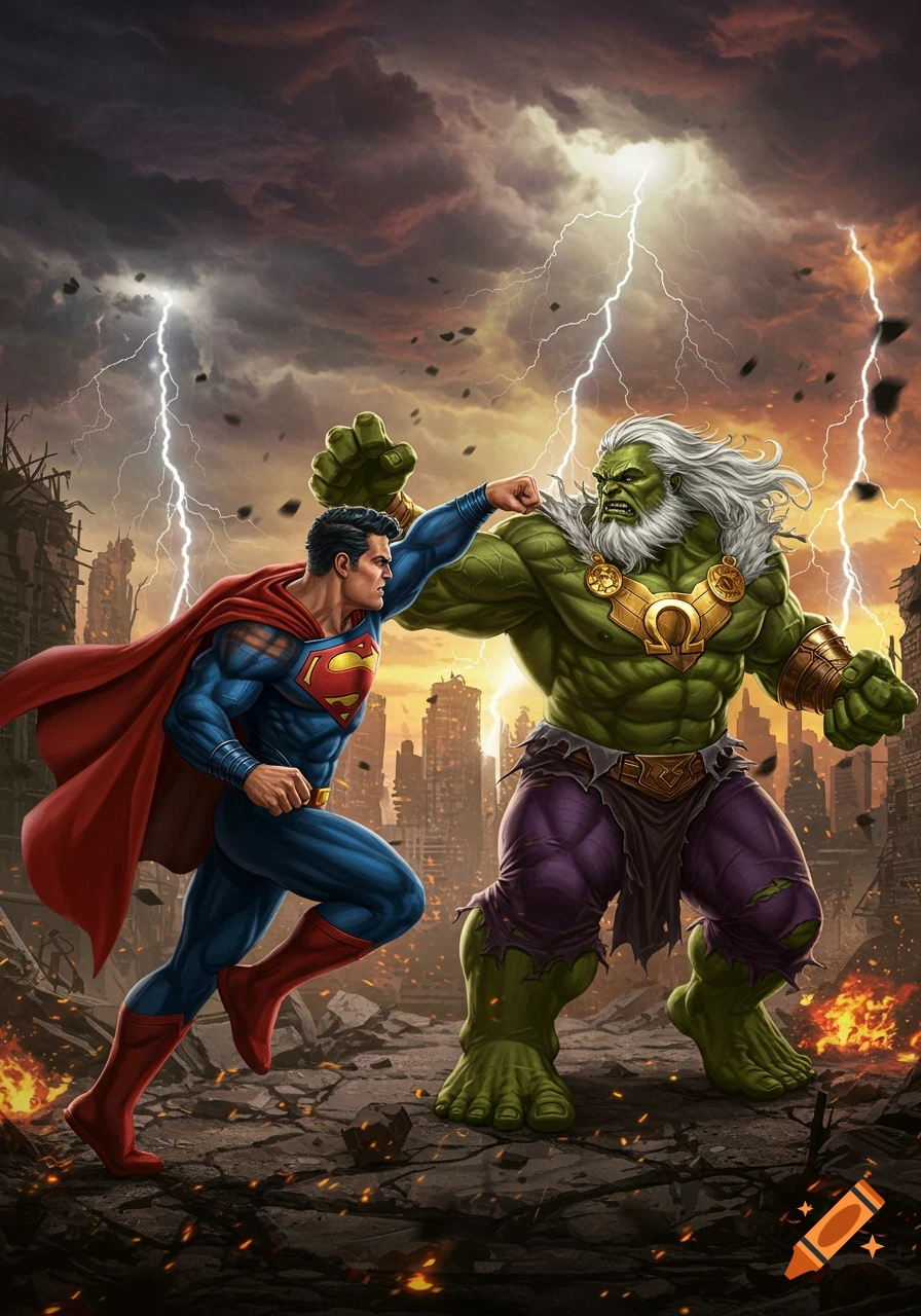 Superman punches a green, white-bearded Hulk-like figure in a destroyed city with lightning, in comic book style.