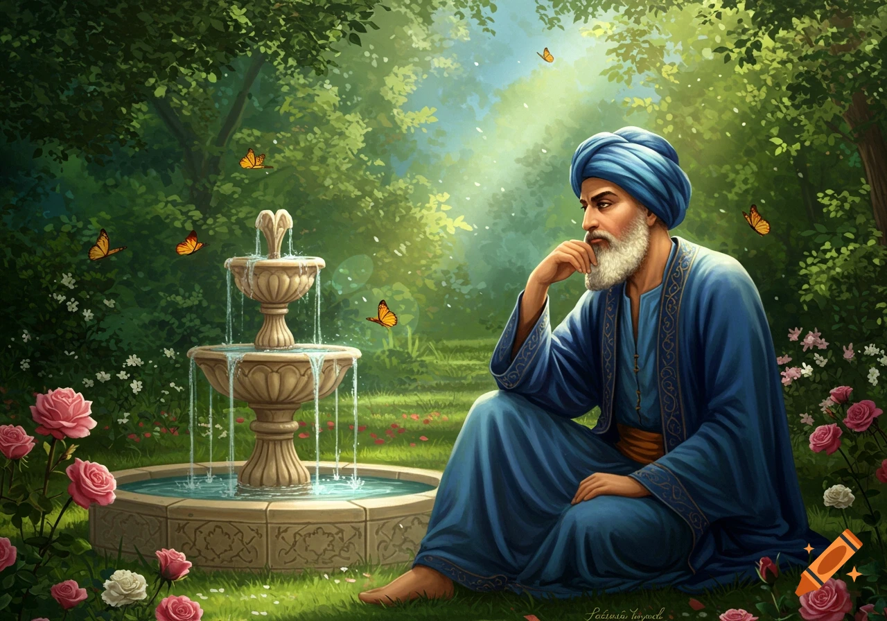Illustration of a man with a white beard and blue turban sitting thoughtfully by a stone fountain in a lush garden with butterflies.