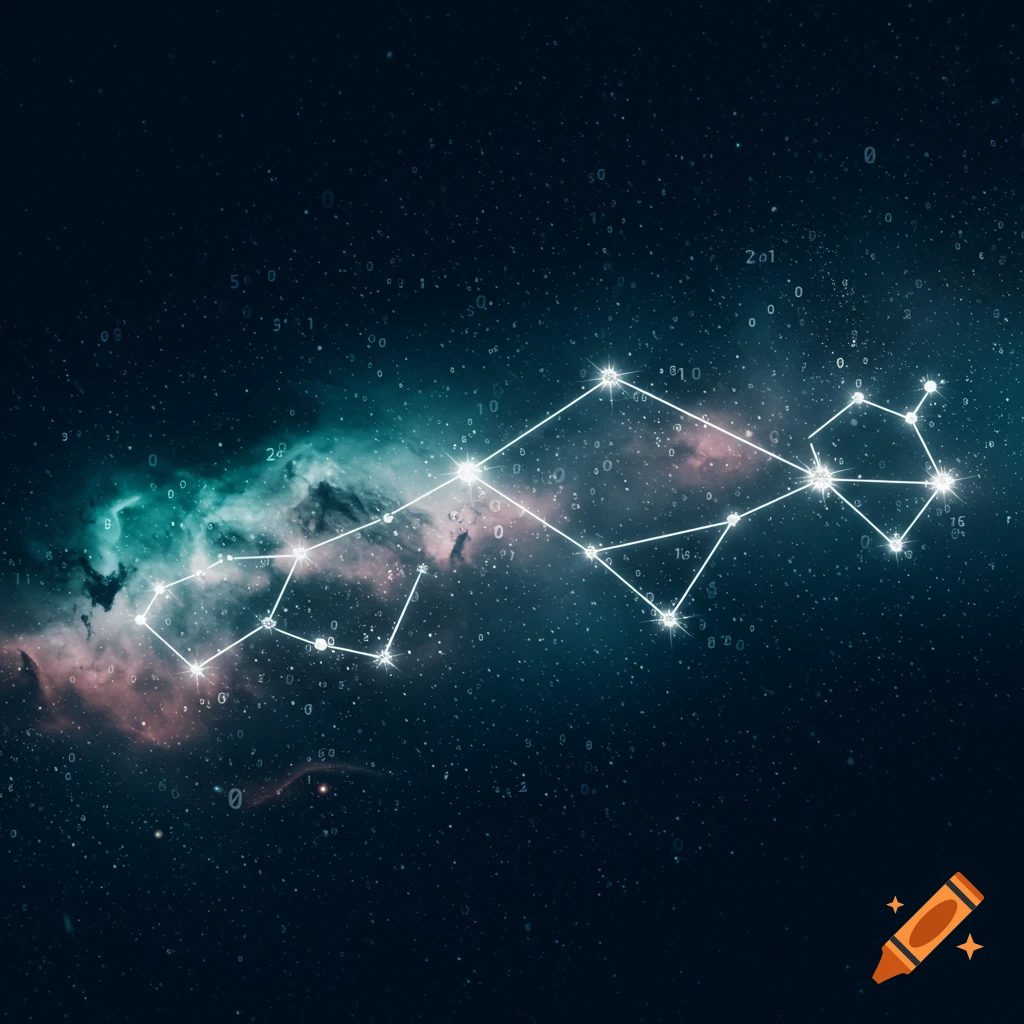 A bright constellation of stars and lines against a dark, nebula-filled space background, with scattered binary code.