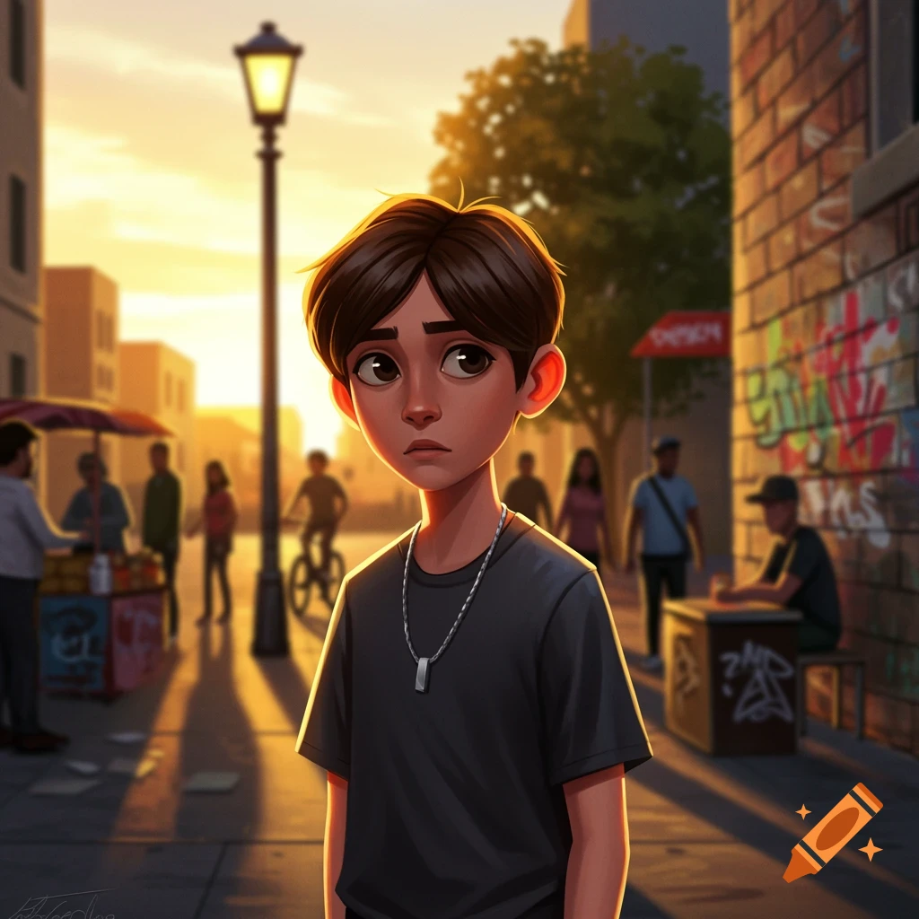 Stylized illustration of a young boy with dark hair and a chain, standing thoughtfully on a sunlit urban street at sunset.
