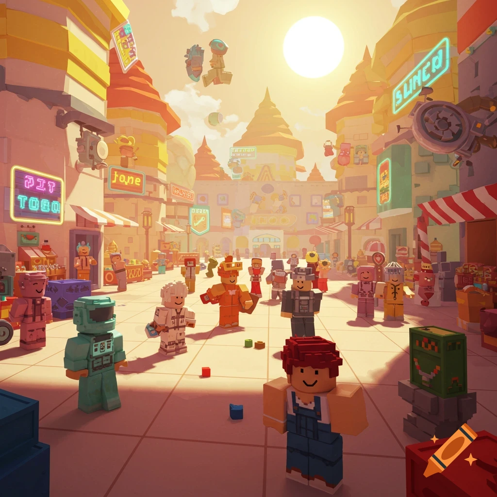 A sunny, colorful voxel art town square filled with blocky, stylized characters and shops.