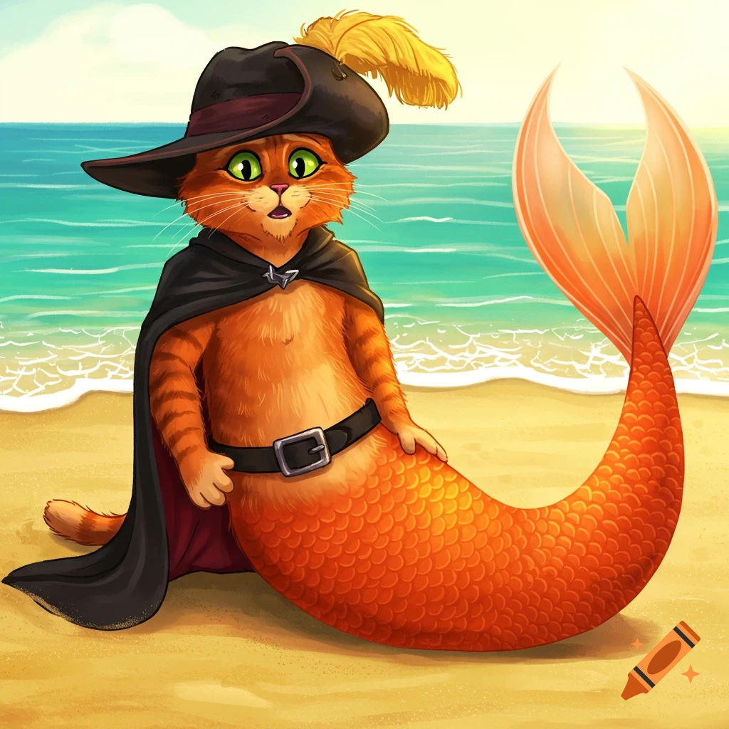 An illustration of Puss in Boots wearing a feathered hat and black cape, transformed into an orange mermaid, sitting on a sandy beach.