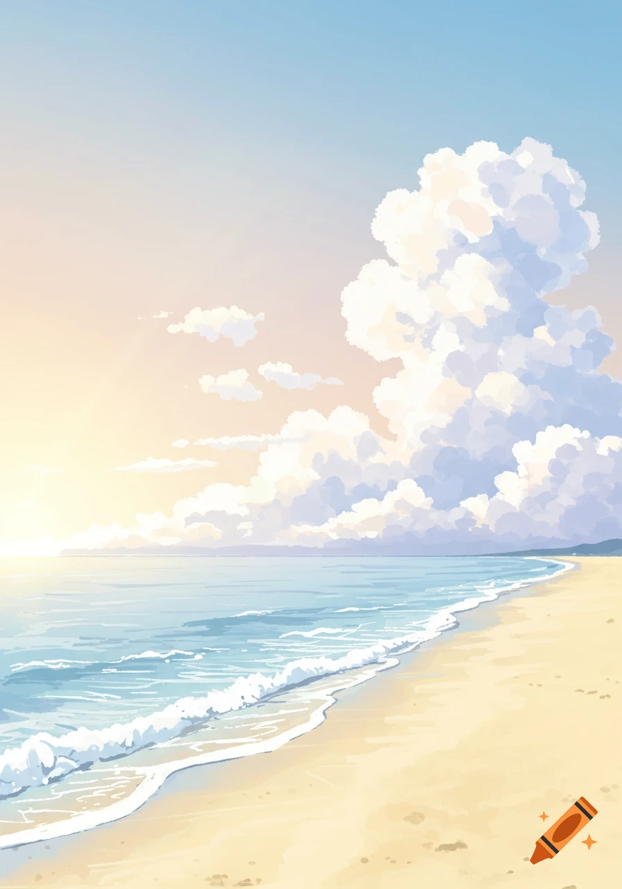 Anime-style pastel beach landscape with a sandy shore, gentle waves, and large fluffy clouds under a soft sky.