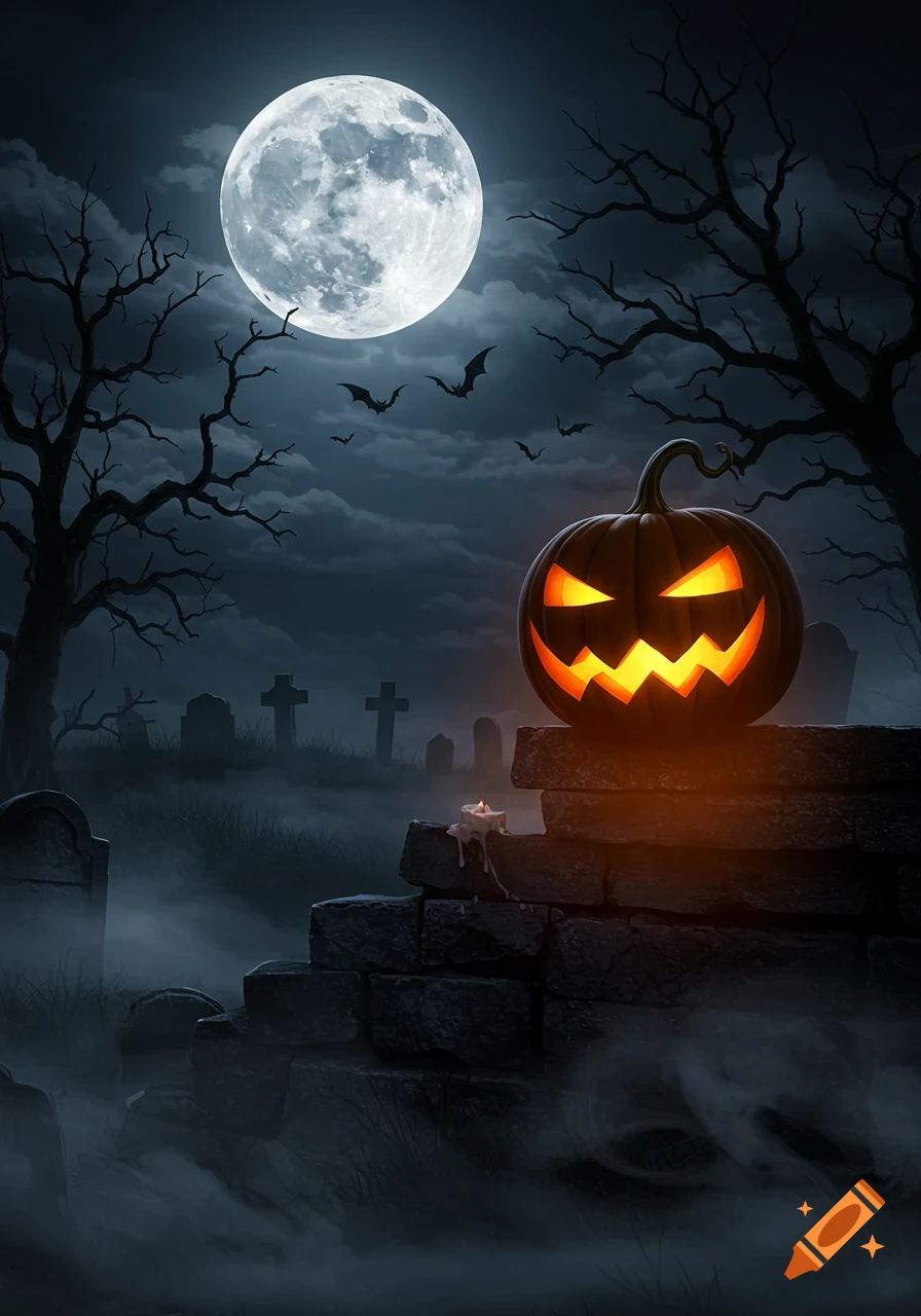 A spooky Halloween scene with a glowing jack-o'-lantern on a stone wall in a foggy graveyard under a full moon, with bats flying and barren trees.