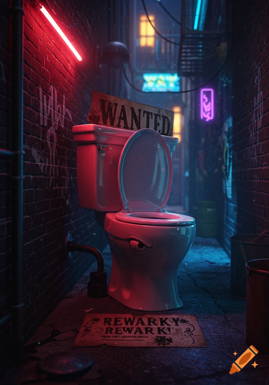A Skibidi Toilet with an angry face sits in a dark, neon-lit alleyway with a "WANTED" sign behind it, in a stylized, somewhat cartoonish art style.