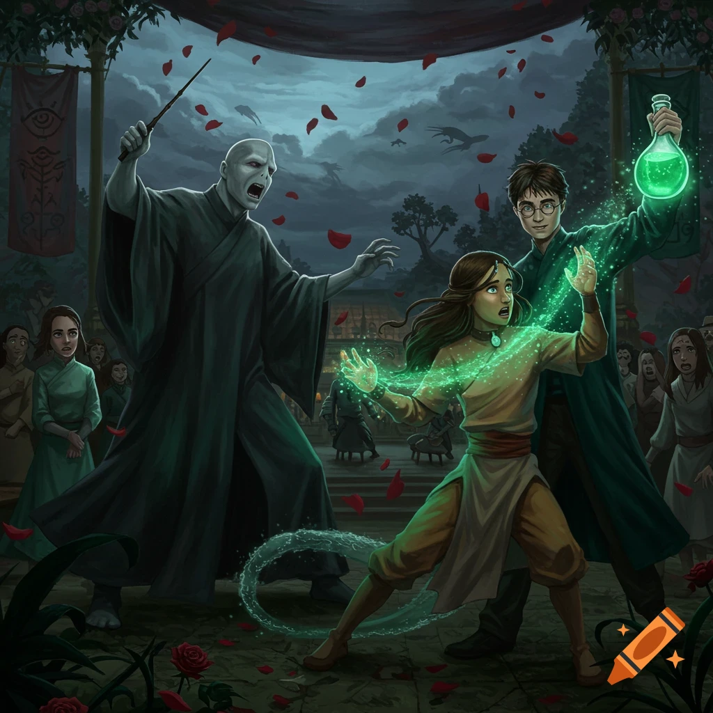Voldemort, Harry Potter, and Katara in a magical battle at a wedding, with green magic and falling rose petals.