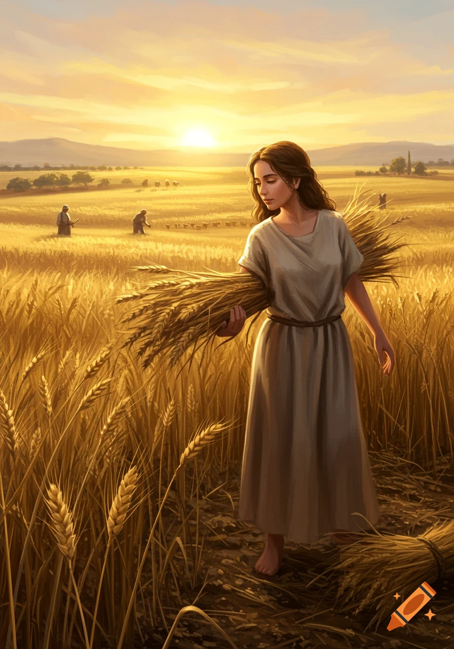 A woman carries bundles of wheat through a golden field at sunset. Other harvesters work in the distant landscape, realistic illustration.