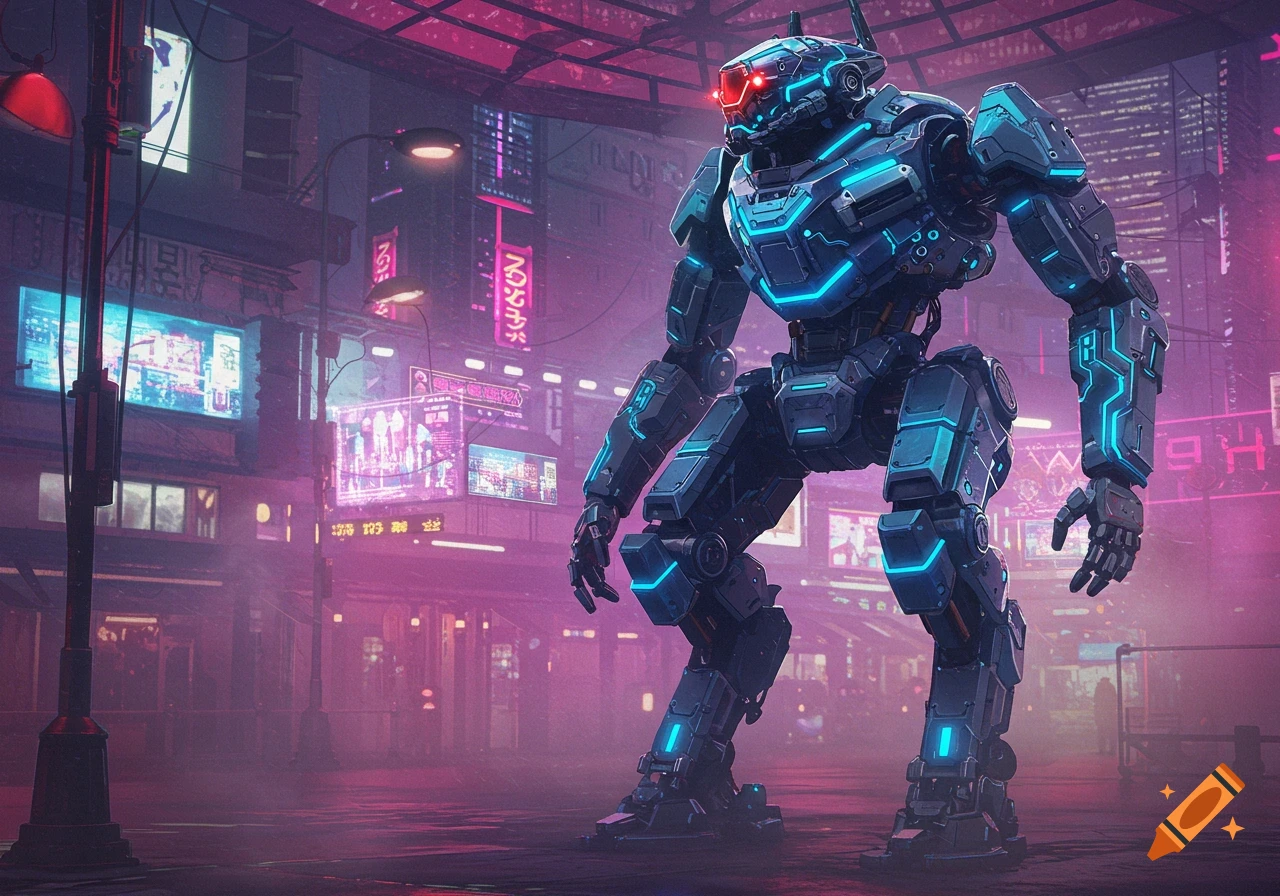 A large, blue and black futuristic mech robot stands in a neon-lit cyberpunk city at night.