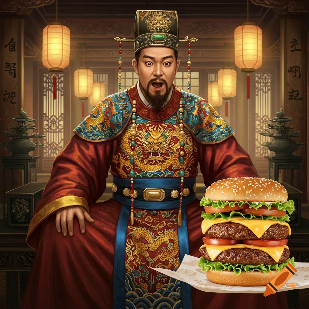 A surprised Chinese emperor in traditional red and gold robes looks at a large double cheeseburger in a palace setting.
