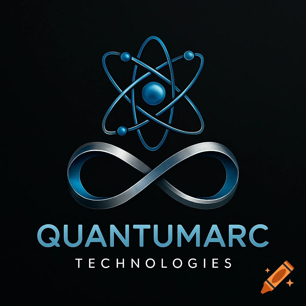 A futuristic logo featuring a blue atom above a silver infinity symbol, with 'QUANTUMARC TECHNOLOGIES' text on a black background.