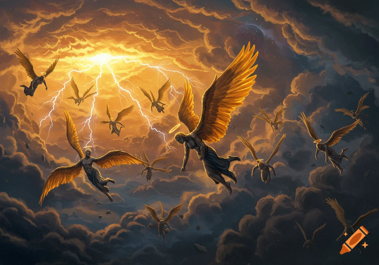 Numerous winged angels fall through a dramatic, stormy sky with golden light and lightning in a painterly style.