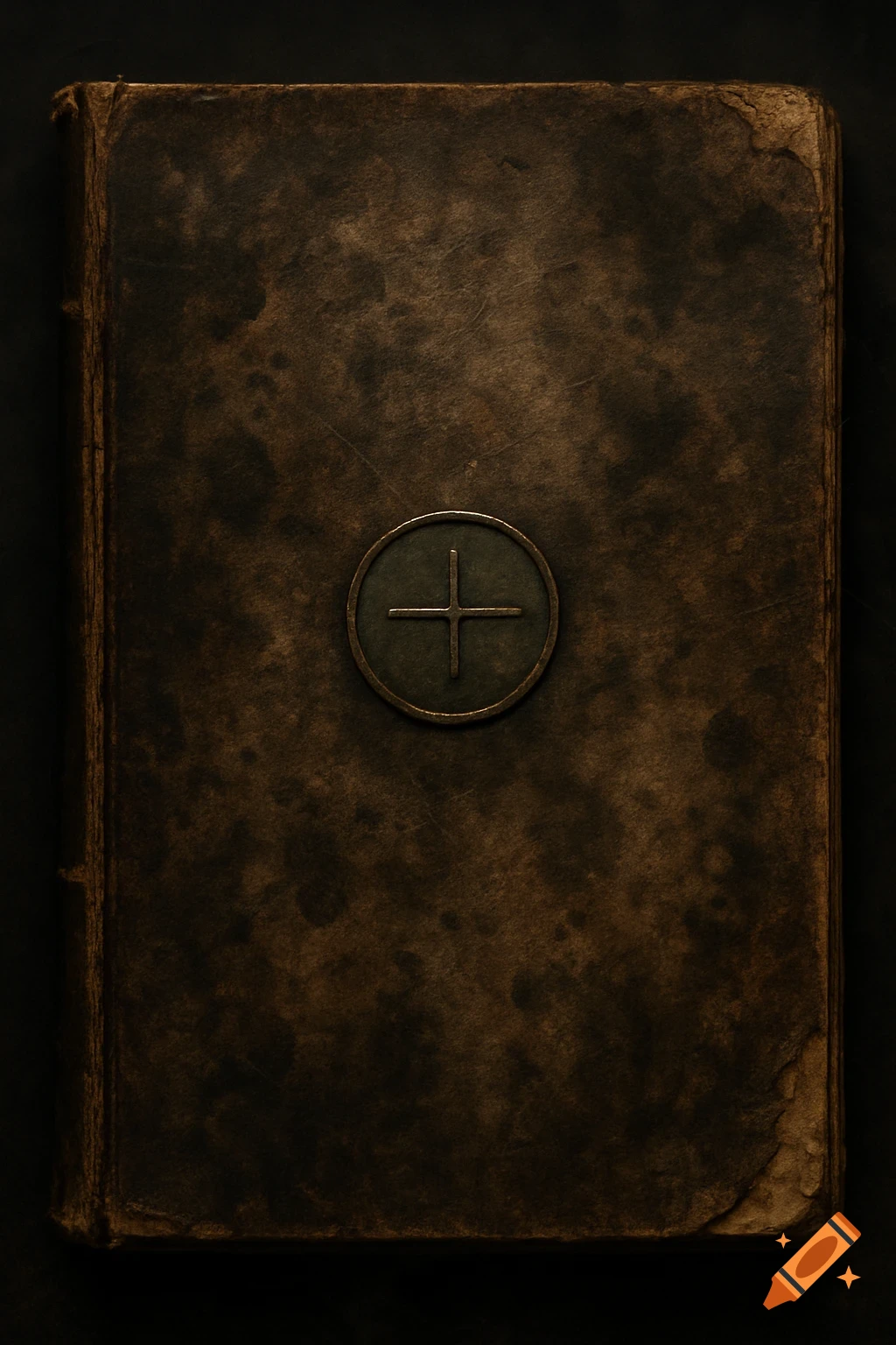 An antique, dark brown grunge book cover with a weathered texture and a circular metal emblem containing a cross.