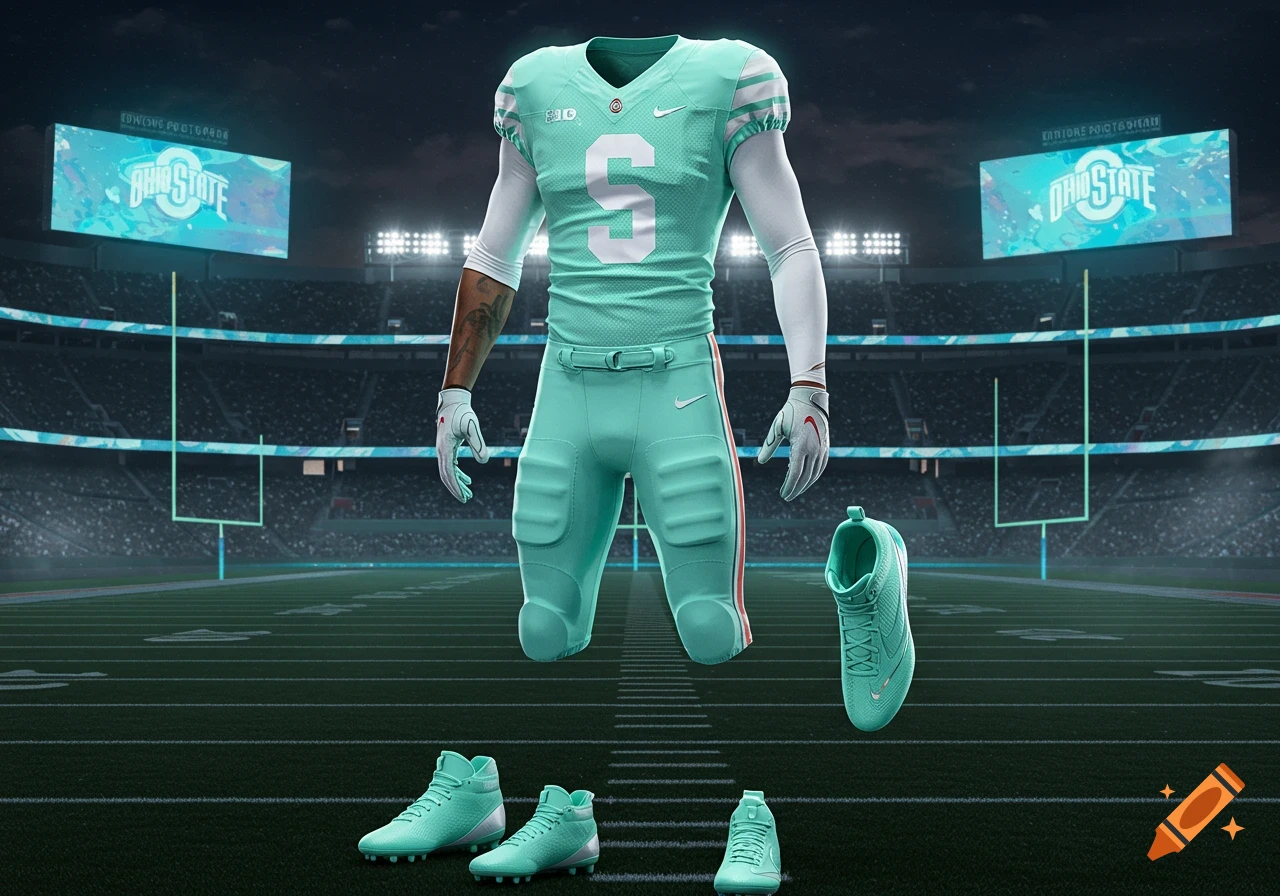 A mint green and white futuristic football uniform, complete with shoulder pads, pants, gloves, and cleats, floating over a stadium field with Ohio State scoreboards in the background.