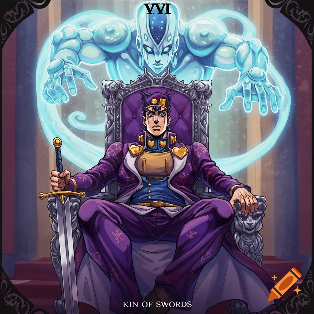 Jotaro Kujo sits on a throne with Star Platinum behind him in a colorful Jojo's Bizarre Adventure tarot card.