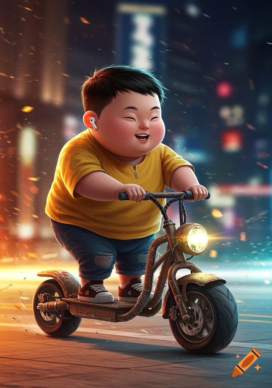 A cheerful, round Asian child with AirPods, wearing a yellow shirt, rides a stylized electric scooter with glowing lights at night.