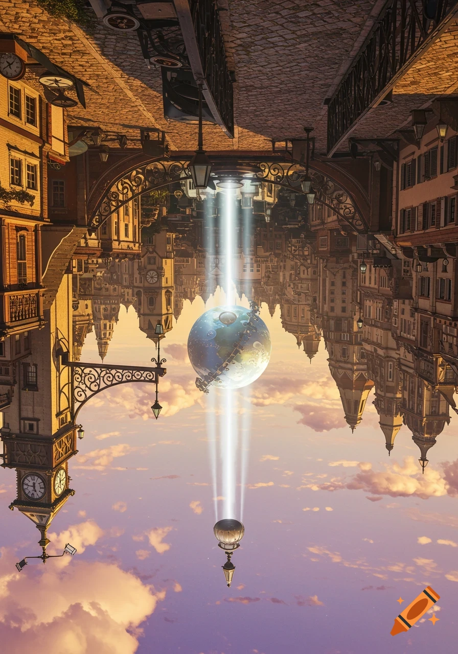 An upside-down city with buildings on both top and bottom halves, an illuminated earth-like orb at the center emits light beams to a floating lamp, under a sunset sky.