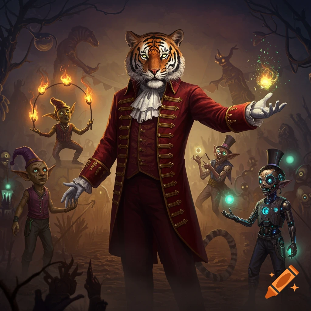 A detailed fantasy illustration of a tiger-headed ringmaster in a red coat, surrounded by goblin-like creatures performing in a dark, eerie circus setting.