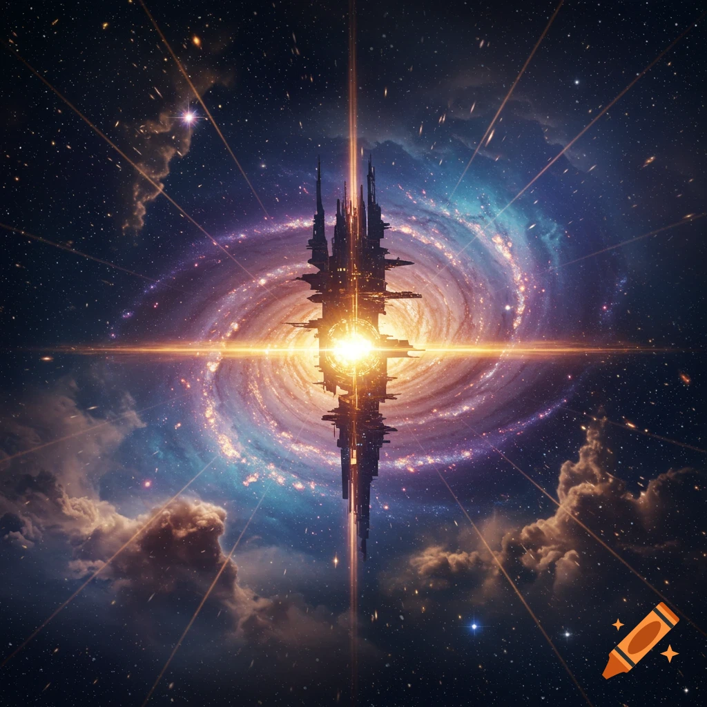 A majestic, brightly lit futuristic structure at the center of a swirling galaxy, surrounded by stars and cosmic clouds.