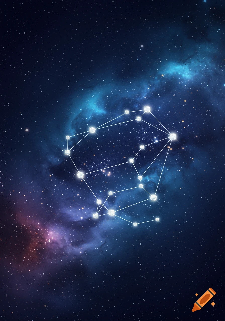 A bright constellation of stars with connecting lines against a dark blue and purple nebula in outer space.