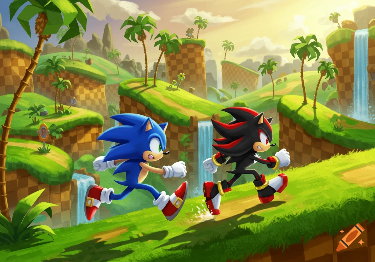 Sonic and Shadow the Hedgehog run across a vibrant green, checkered landscape with waterfalls and palm trees in a stylized cartoon.