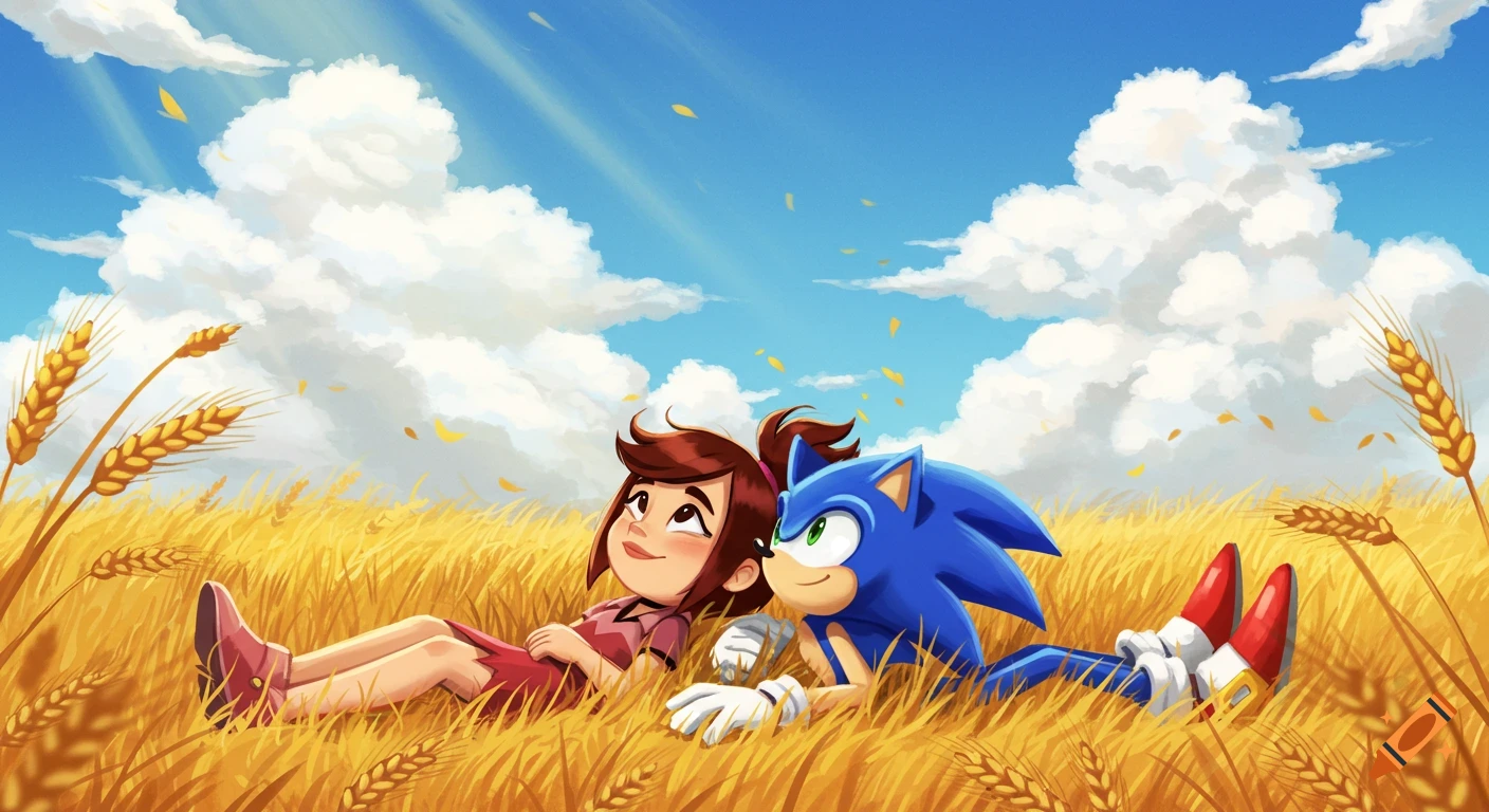Cartoon characters Molly McGee and Sonic the Hedgehog lie in a golden wheat field, looking up at a blue sky with fluffy clouds.