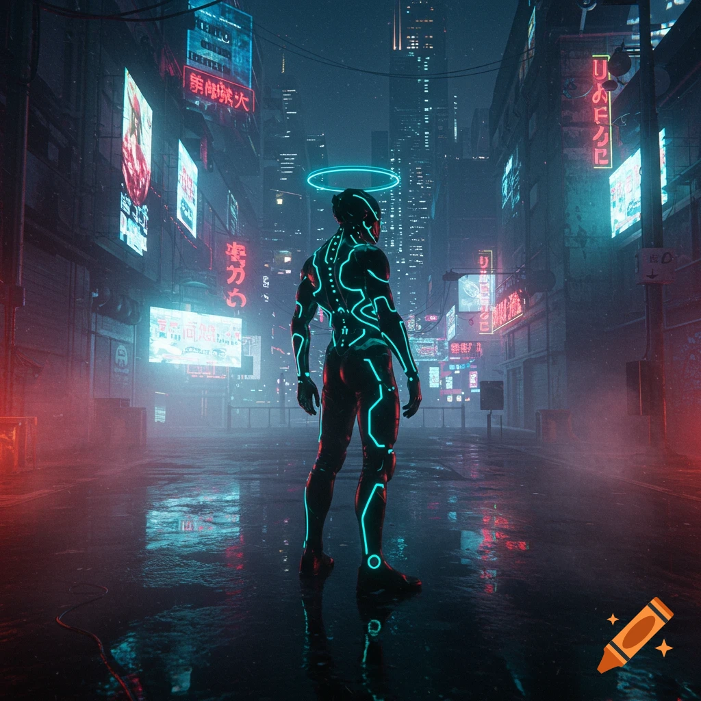 A glowing futuristic figure stands in a neon-lit cyberpunk city alley at night, seen from behind.