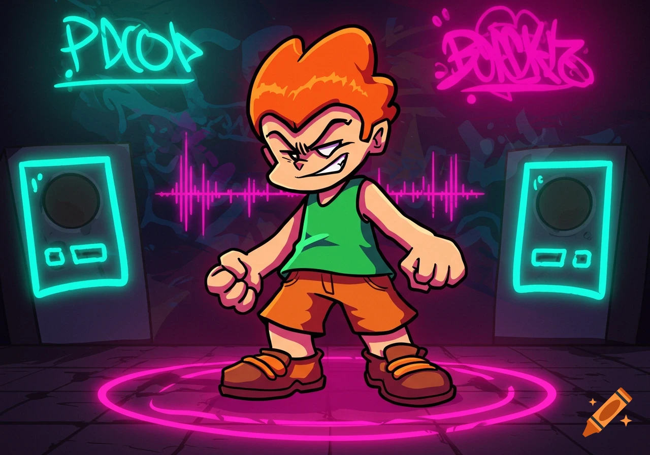 Cartoon character Pico from Friday Night Funkin' on a neon-lit stage with speakers and graffiti.