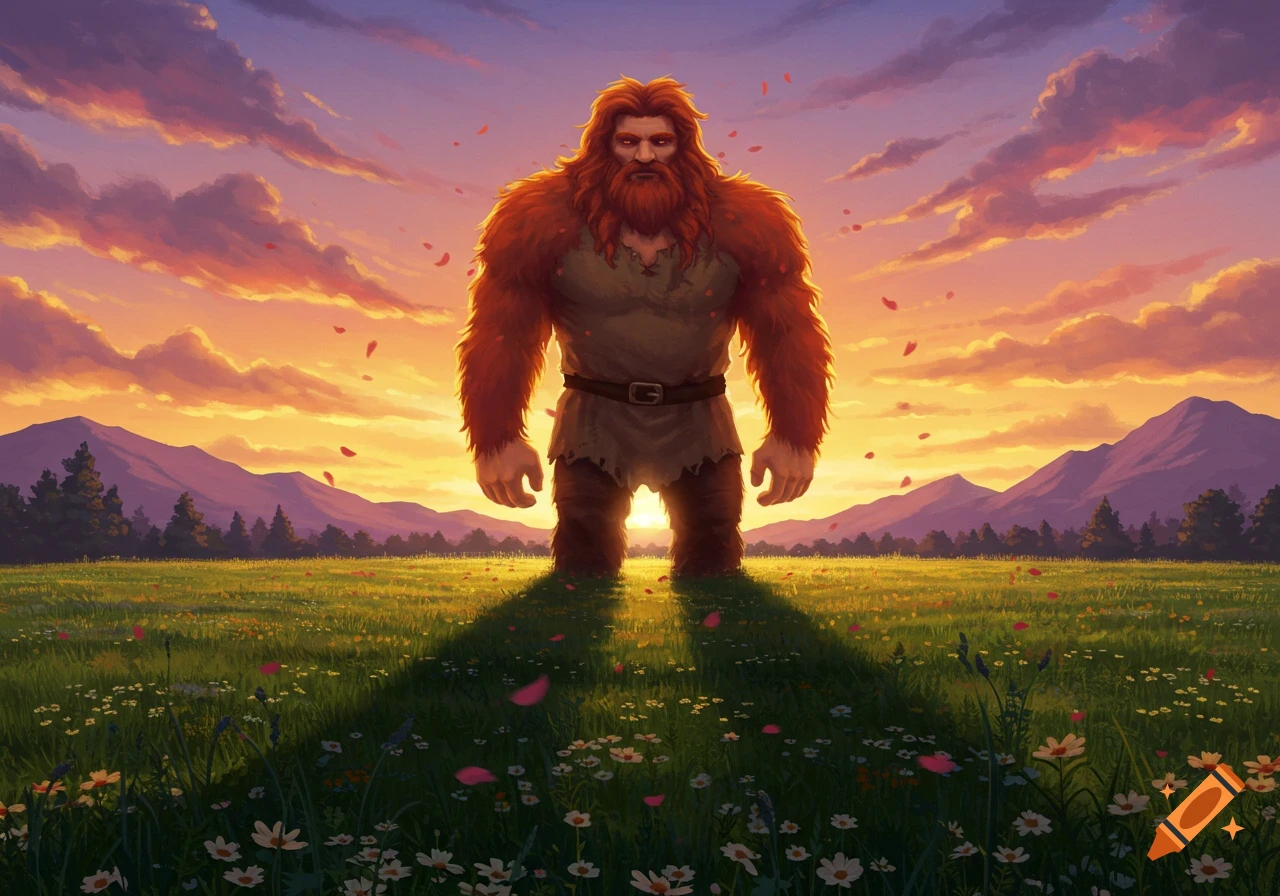 A large, red-haired, bearded man in a tunic stands in a flower-filled field with mountains under a vibrant sunset sky, with petals falling. Digital painting.