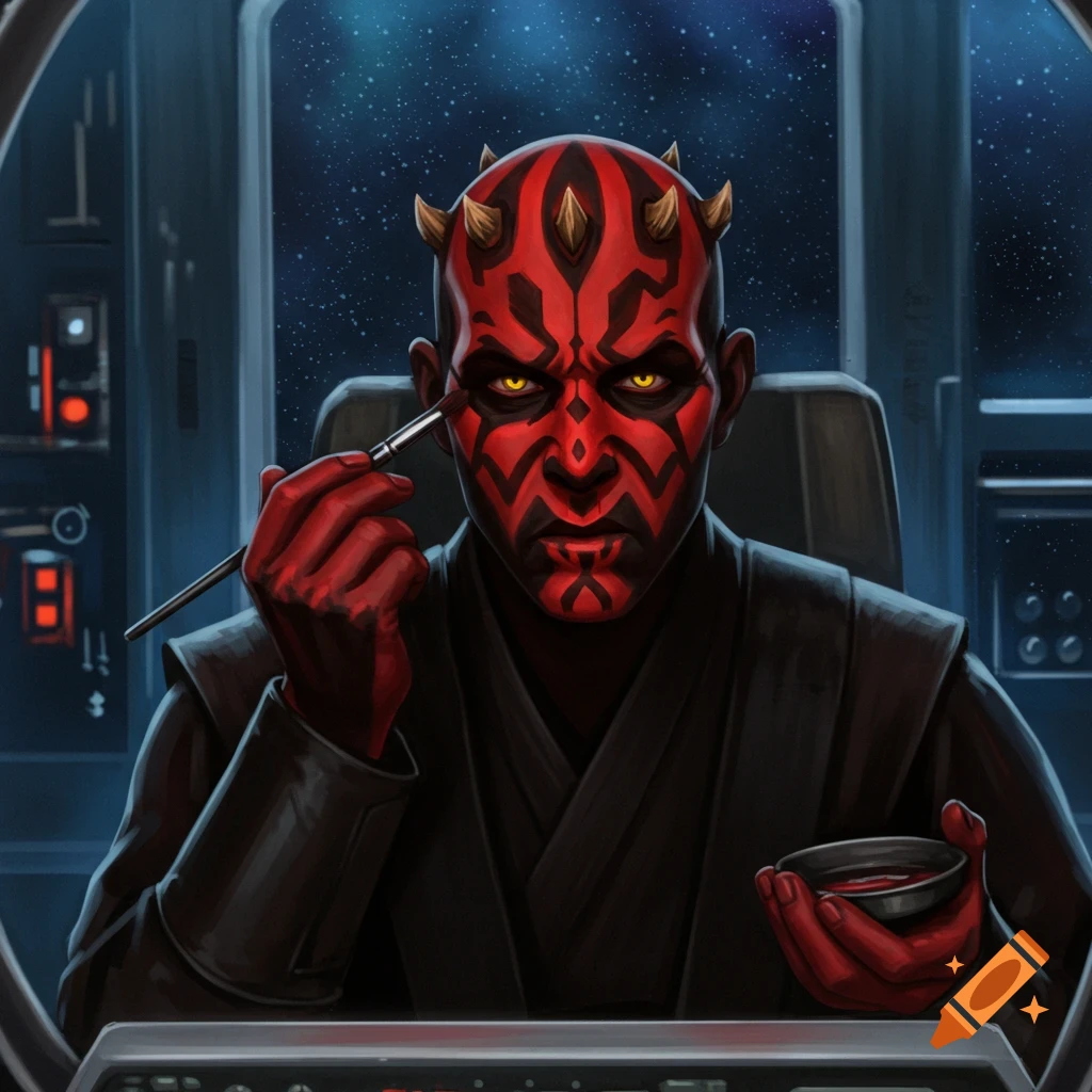 Darth Maul from Star Wars applying his distinctive red and black makeup in a spaceship cockpit.