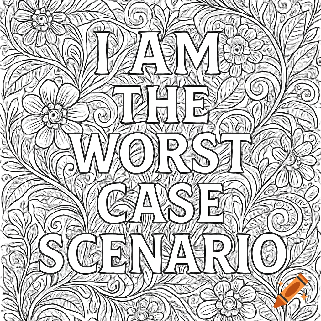 A black and white adult coloring page featuring the phrase 'I AM THE WORST CASE SCENARIO' surrounded by intricate floral and leaf patterns.