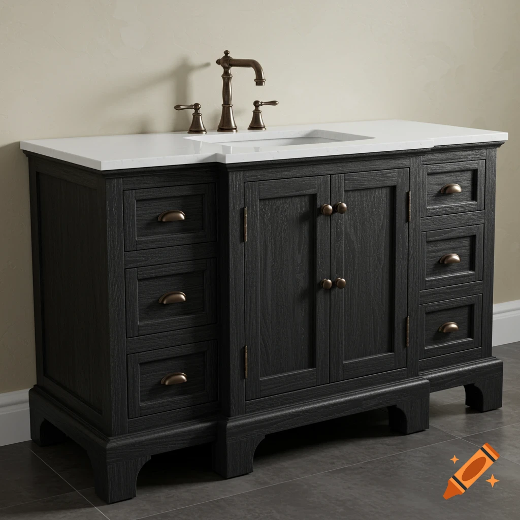 Photorealistic dark rustic bathroom vanity with a white countertop, bronze faucet, central cabinet, and side drawers.