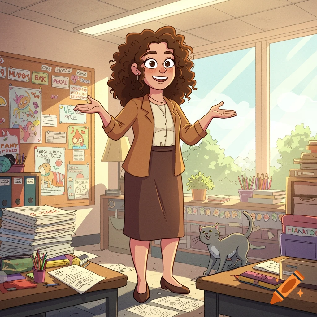 Cartoon woman with curly brown hair in a classroom, with a grey cat walking nearby. The woman smiles and gestures.