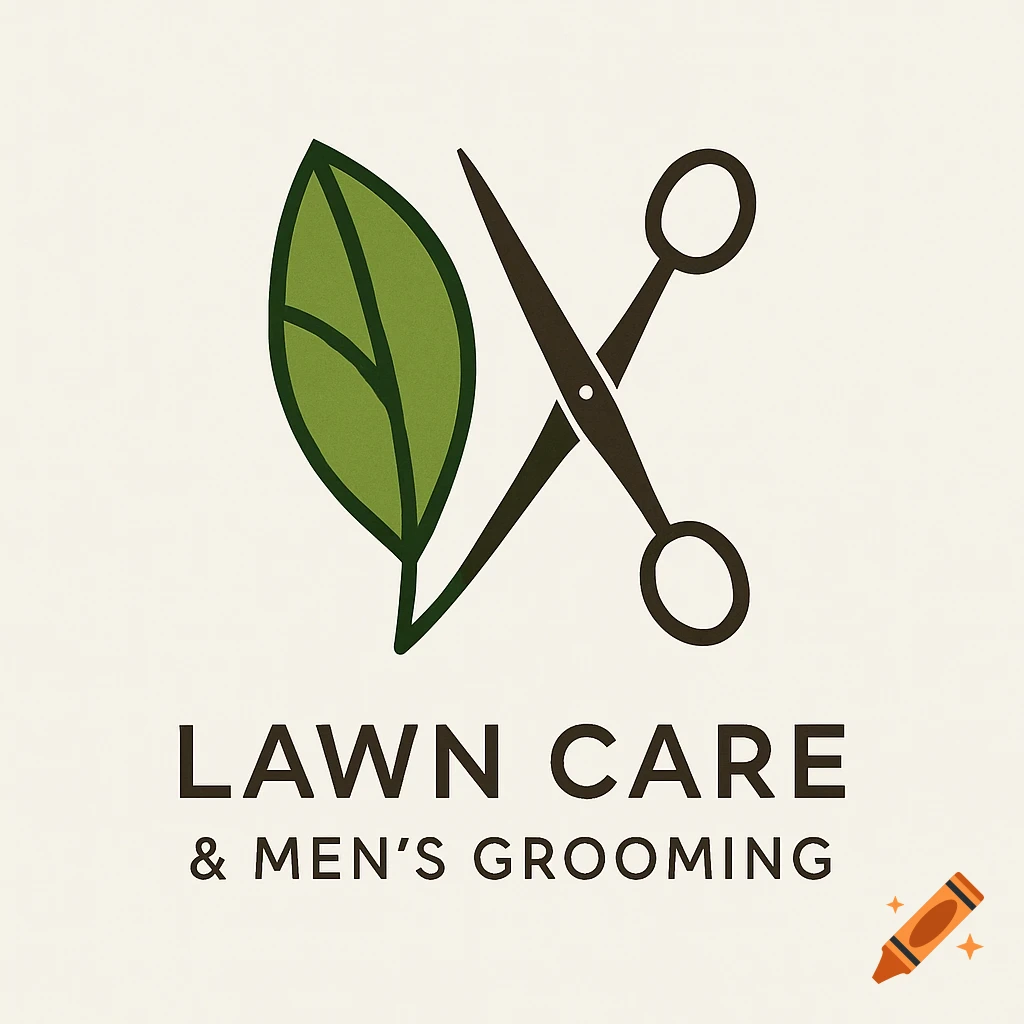 Business logo with a green leaf and dark scissors crossed, with the text 'LAWN CARE & MEN'S GROOMING' below, on a light background.