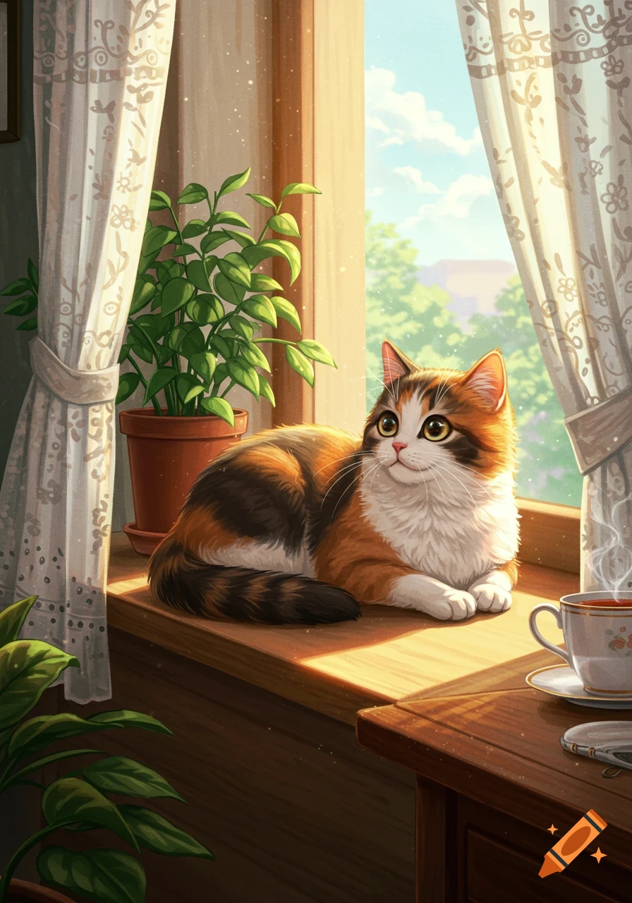 A cute calico cat rests on a sunlit windowsill with a plant and teacup, looking out the window in an illustrative style.
