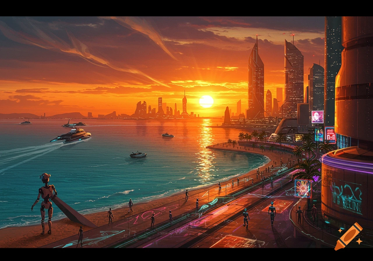 A vibrant futuristic city at sunset with robots on the beach, sleek boats on the bay, and glowing neon lights.