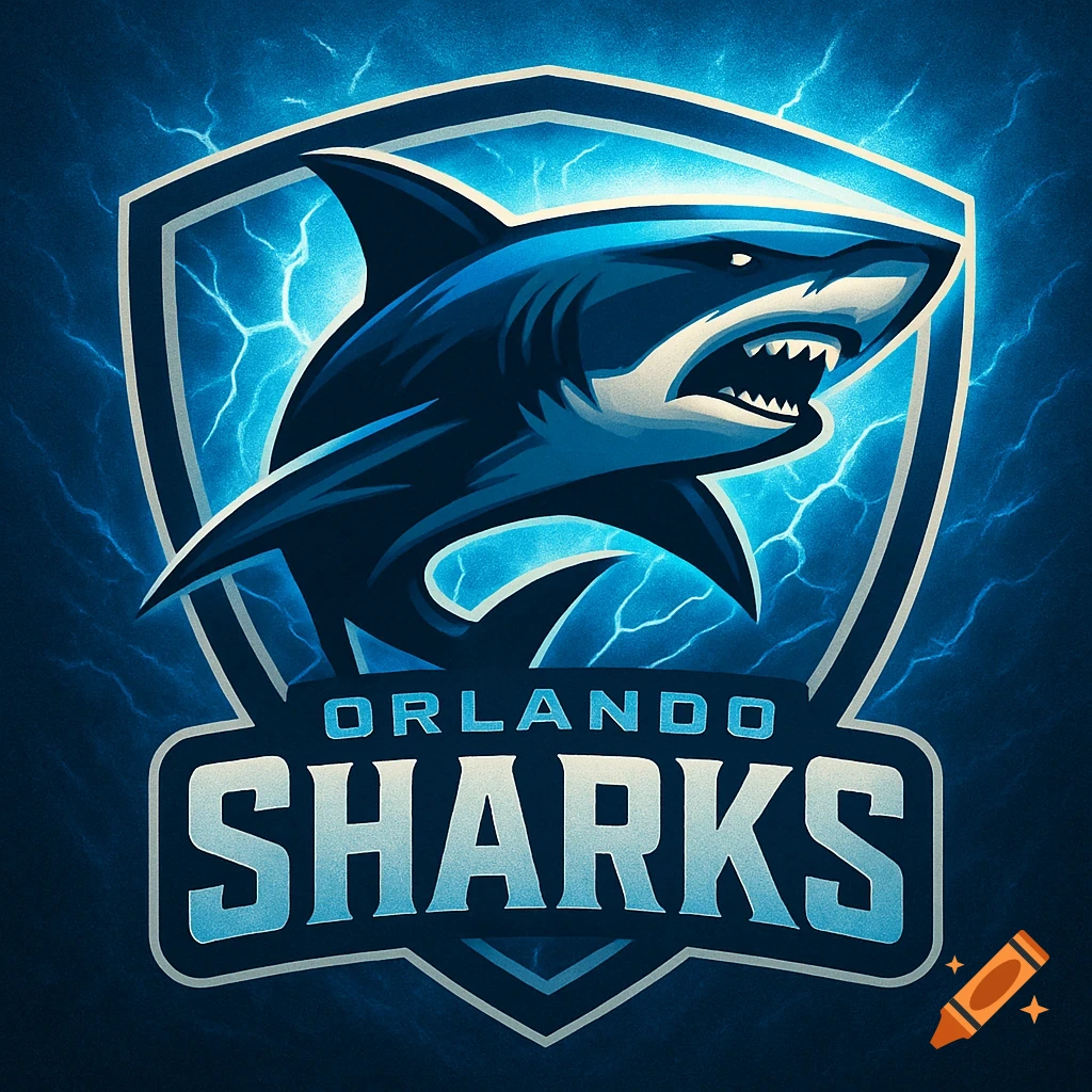 A stylized blue shark logo for 'Orlando Sharks' with an open mouth and sharp teeth, set against a shield with electric blue lightning.