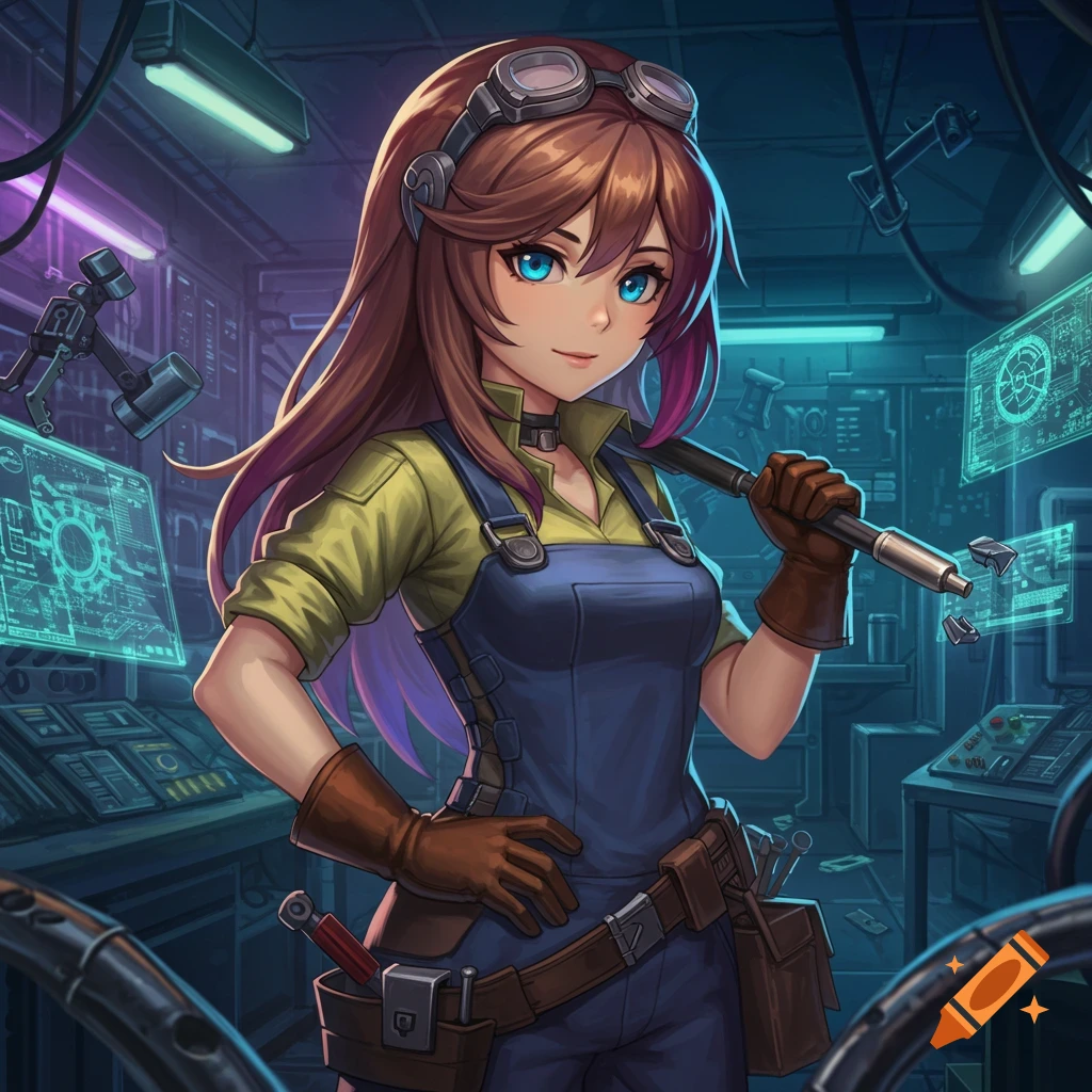 Anime-style mechanic girl with brown/purple hair, blue eyes, goggles, and overalls, holding a tool in a futuristic workshop.
