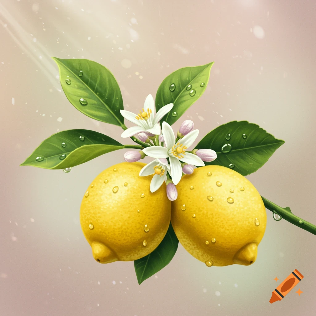 Illustration of two yellow lemons on a branch with green leaves and white blossoms, covered in water droplets.