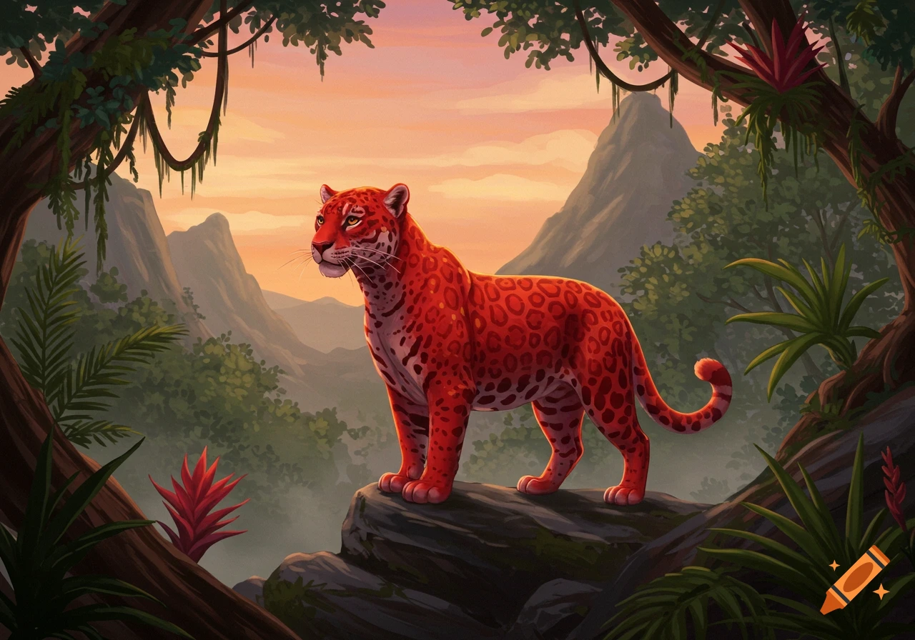 A vibrant red jaguar with black spots stands on a rock in a lush jungle with mountains in the background, under a sunset sky. Stylized illustration.