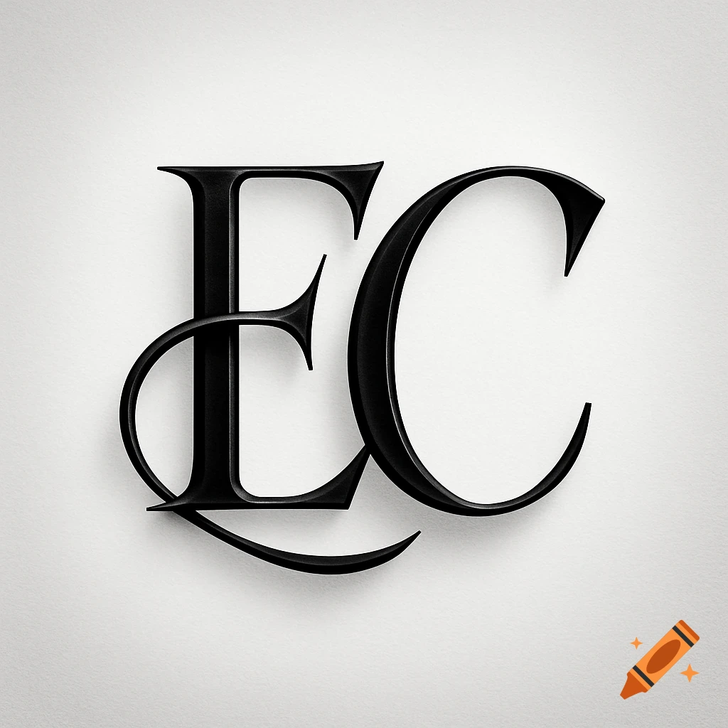 Stylized black monogram of the letters E and C with a 3D effect on a textured white background.