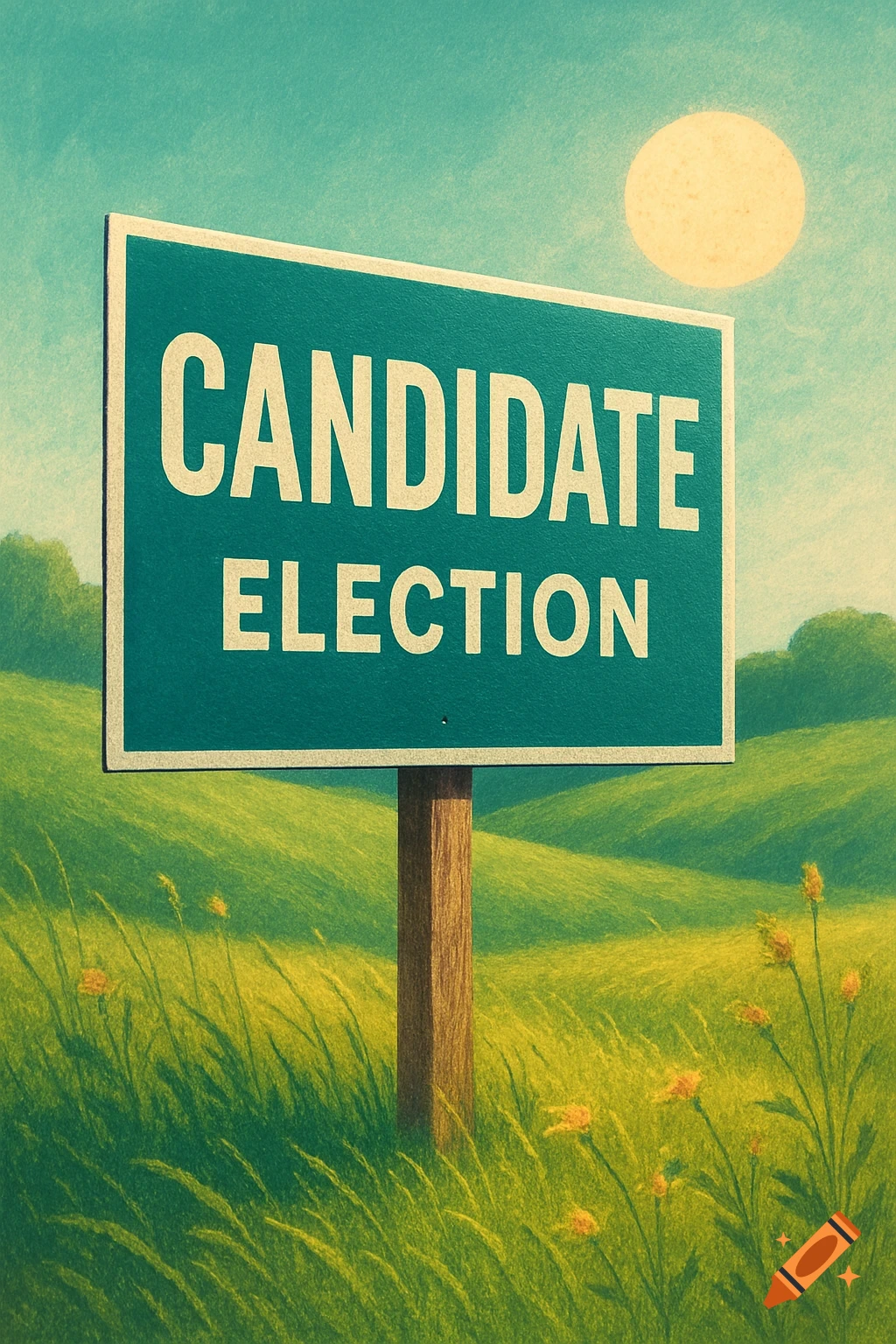 A teal election sign with the words "CANDIDATE ELECTION" stands in a vibrant green, grassy field under a bright, sunny sky.