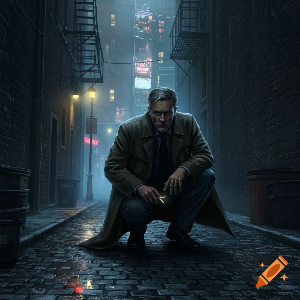 A man in a trench coat crouches in a dark, misty urban alleyway at night, holding a cigarette.