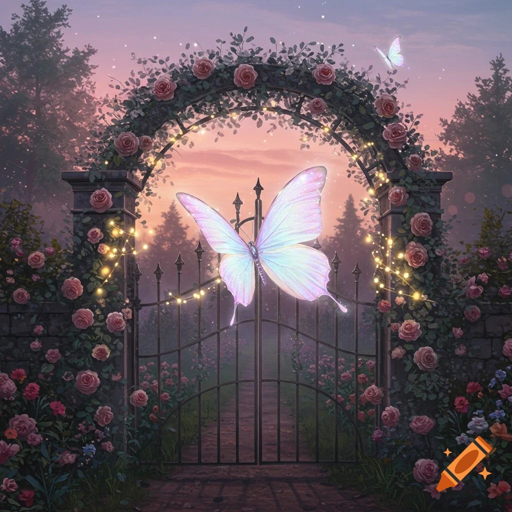 A fantastical garden gate with an arch of pink roses and string lights, a large glowing butterfly, and a pink sunset.