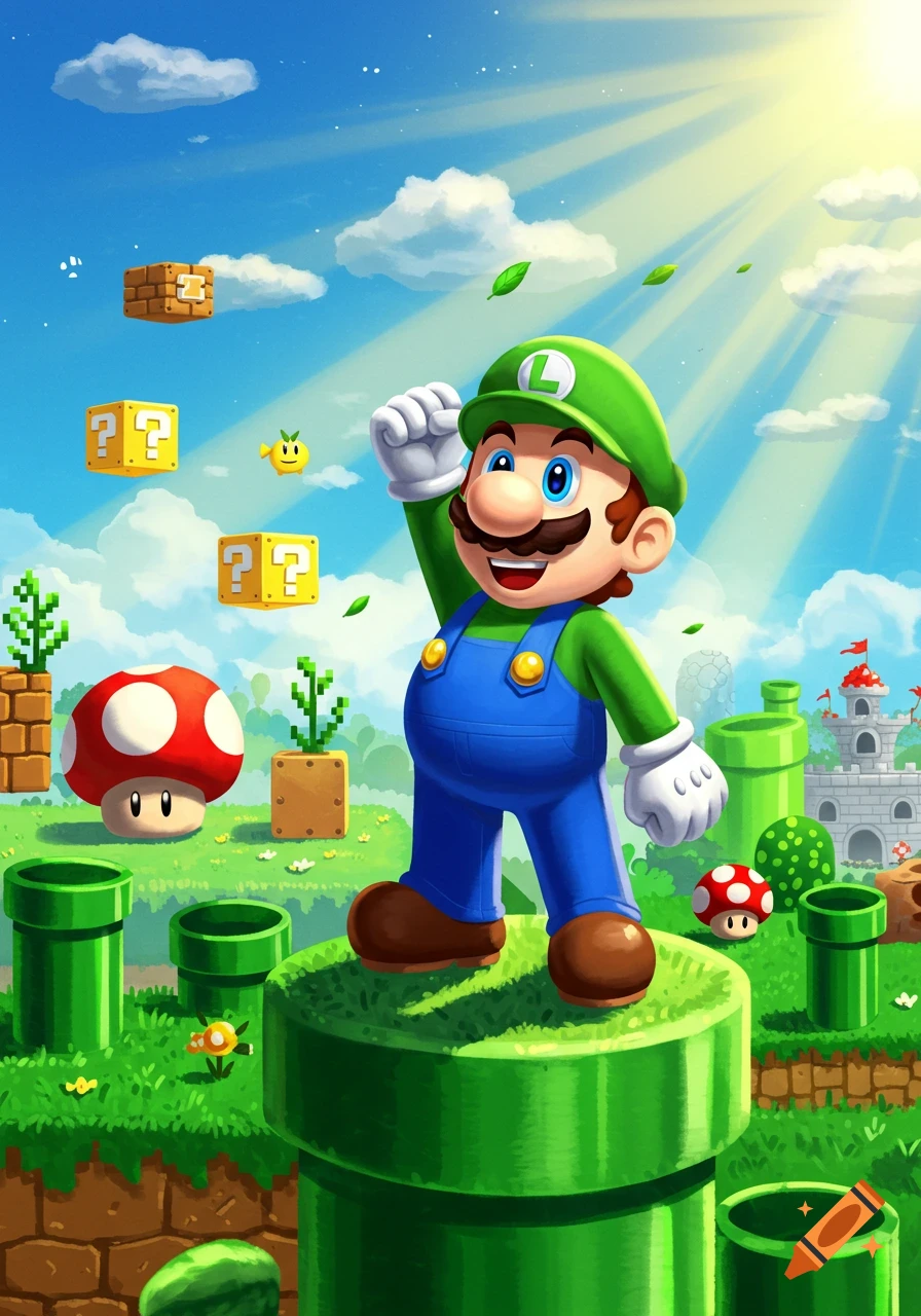 Luigi stands on a green pipe, smiling under a bright sky with sun rays, surrounded by Mario game elements like question blocks and mushrooms.