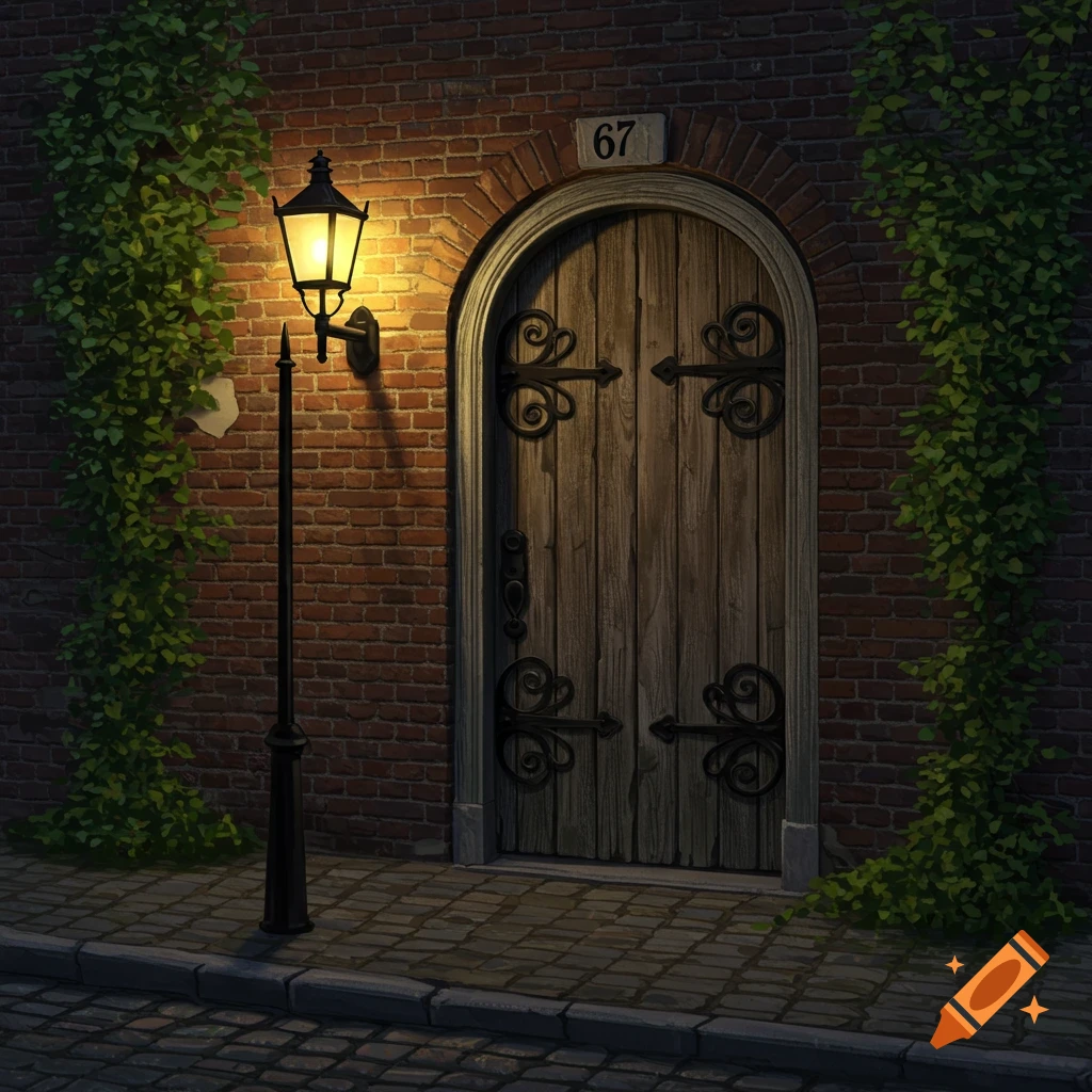 A vintage lamppost illuminates an arched wooden door with ornate hinges and the number 67 on a brick wall, with ivy and cobblestones.