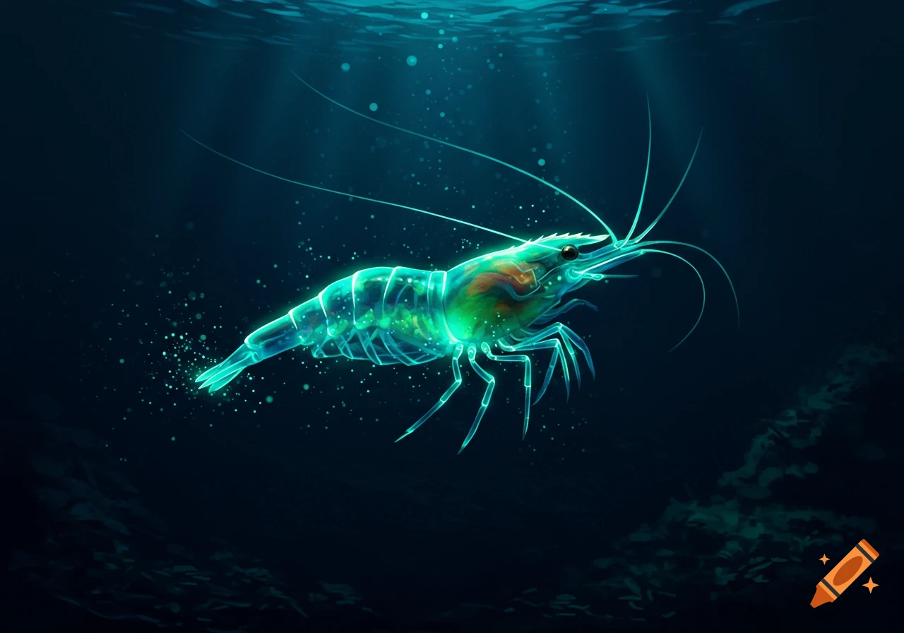 A vibrant, glowing translucent shrimp swims in deep blue water, with light rays from the surface.