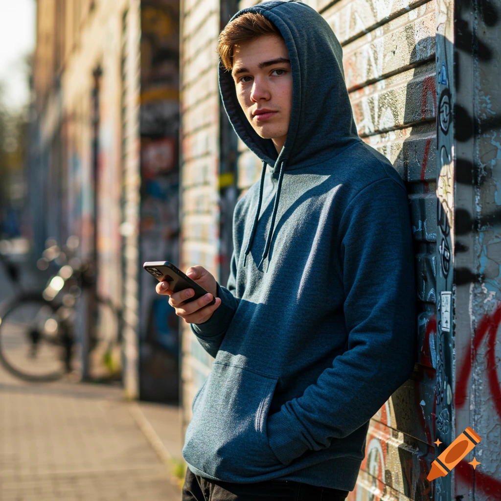 A young man in a blueish-black hoodie leans against a graffiti-covered brick wall, looking at his smartphone. Photorealistic.