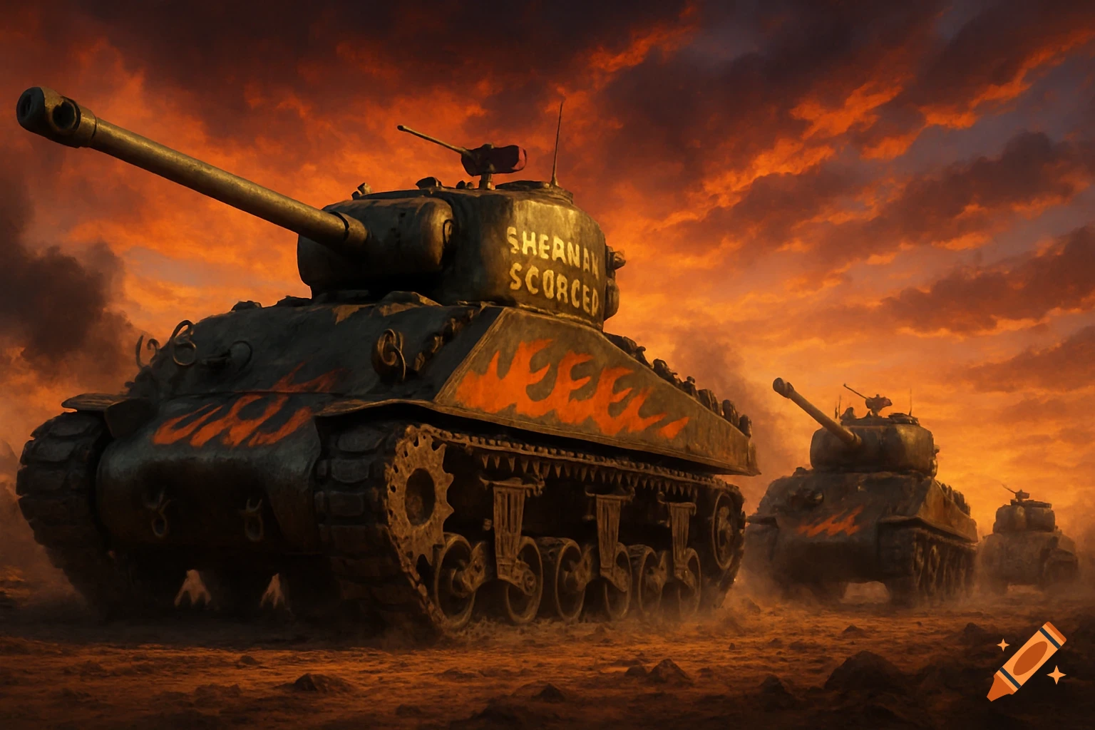 A military tank with orange flame decals and text on its turret leads other tanks across a dusty, fiery landscape under an orange, smoky sky.