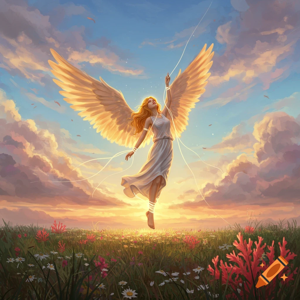 A winged angel floats above a flower field at sunset, ethereal glowing threads around her limbs, digital painting style.