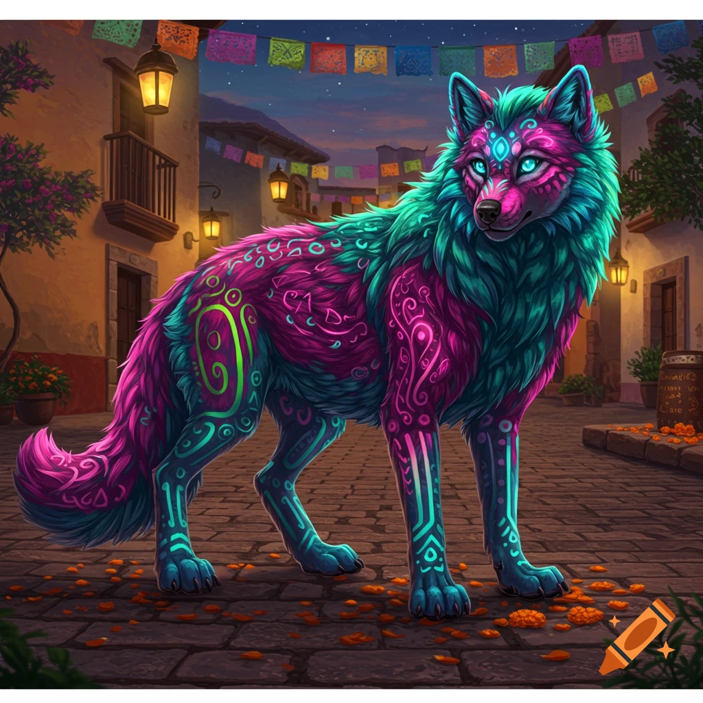 Colorful, stylized alebrije wolf with glowing eyes, covered in intricate patterns, standing on a cobblestone street decorated with papel picado at dusk.